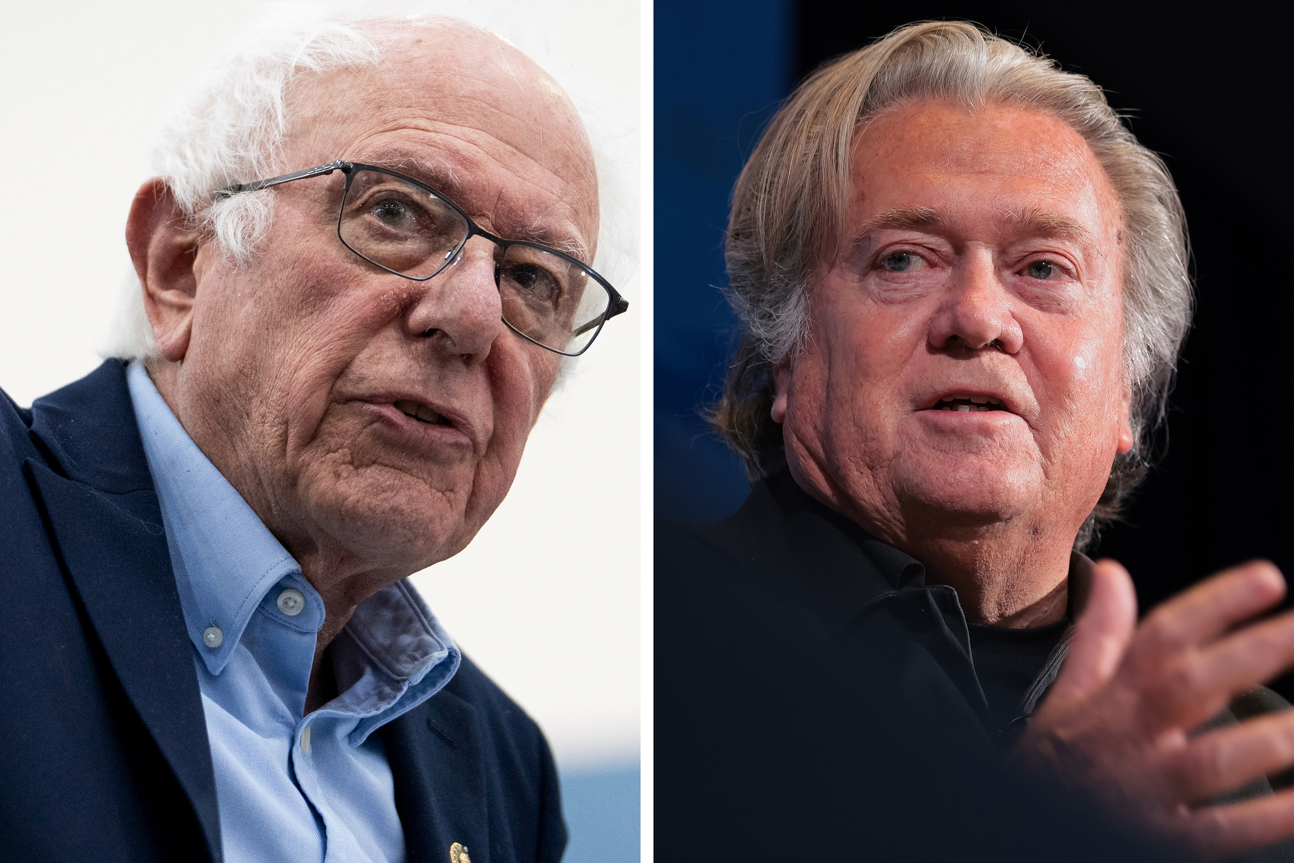 Sen. Bernie Sanders speaks at Mumford High School on May 3 in Detroit. Steve Bannon speaks during the Semafor World Economy Summit 2025 at Conrad Washington on April 23, 2025, in Washington, D.C.